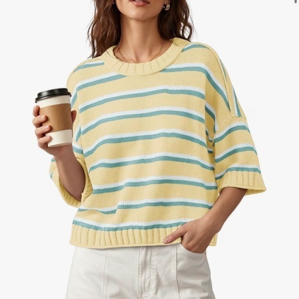 Nirovien Women's Light Yellow Striped Knit Sweater Short Sleeve – Large – NWT